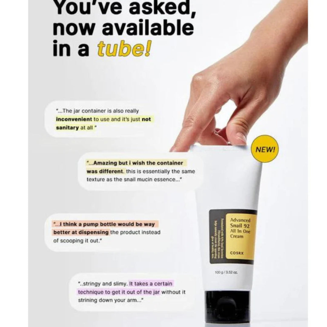 Cosrx cream tube with text about product container preferences