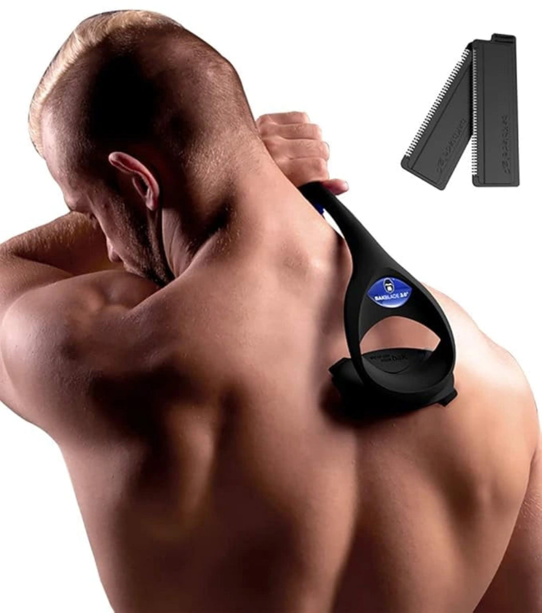 Man using a black back scrubber on his shoulders with a comb in the background.