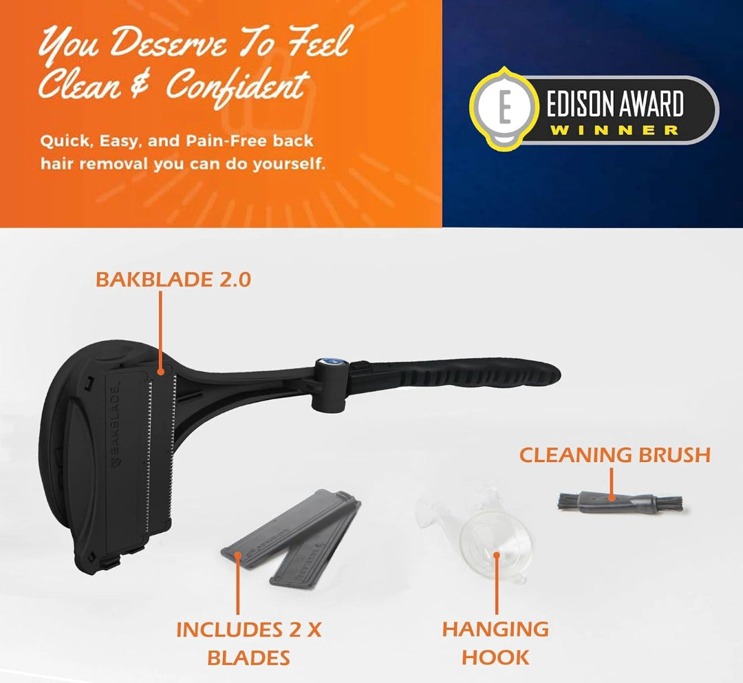 Back hair removal tool with components labeled on a white background