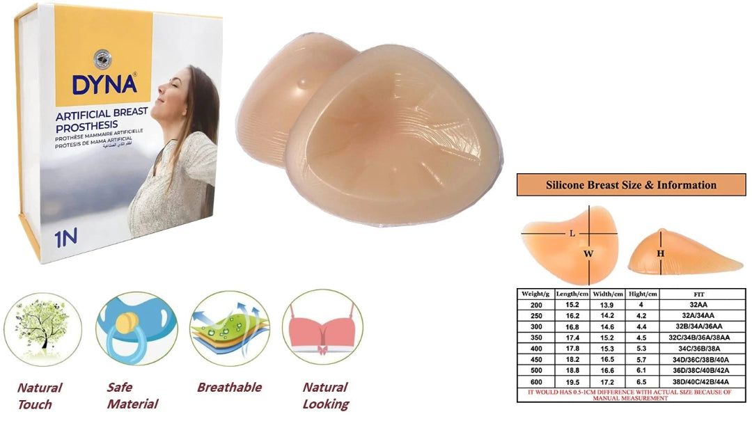 DYNA artificial breast prosthesis with packaging and size chart on a white background