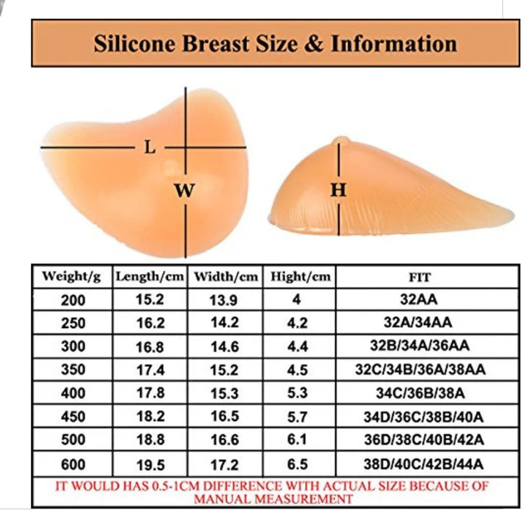 Silicone breast forms with measurements and size chart on a white background