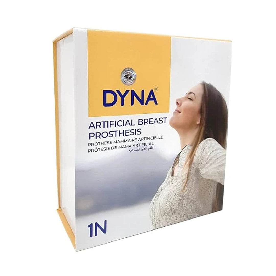 Box of DYNA artificial breast prosthesis with a woman on the packaging.