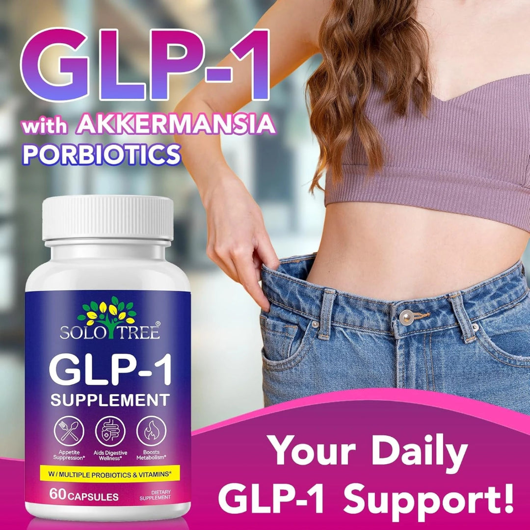 GLP-1 supplement bottle with a person wearing a smaller size jeans, promoting Solo Tree GLP-1 supplement.
