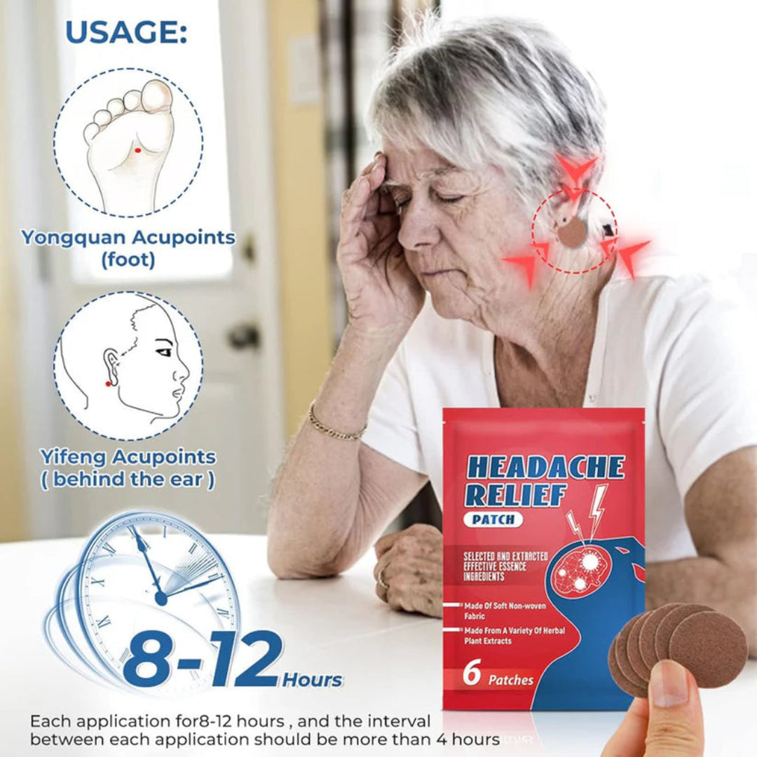 Woman with headache using headache relief patches with product packaging and usage instructions.