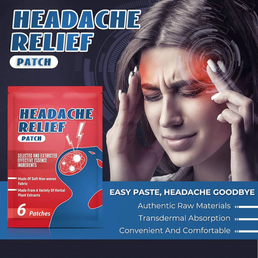 Headache relief patch packaging with a woman experiencing a headache.