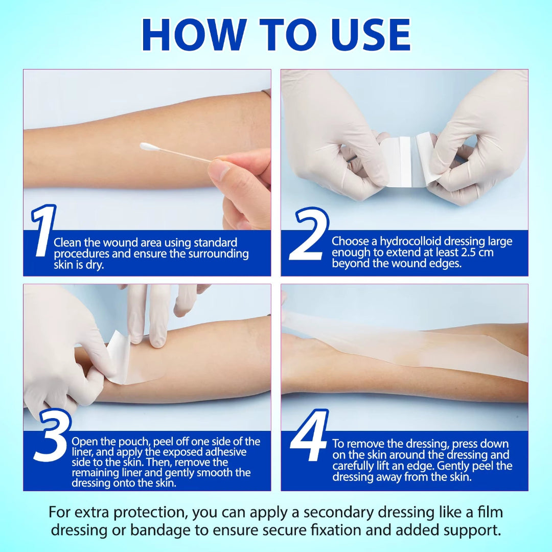 Step-by-step guide on how to use a hydrocolloid dressing with illustrations and text.
