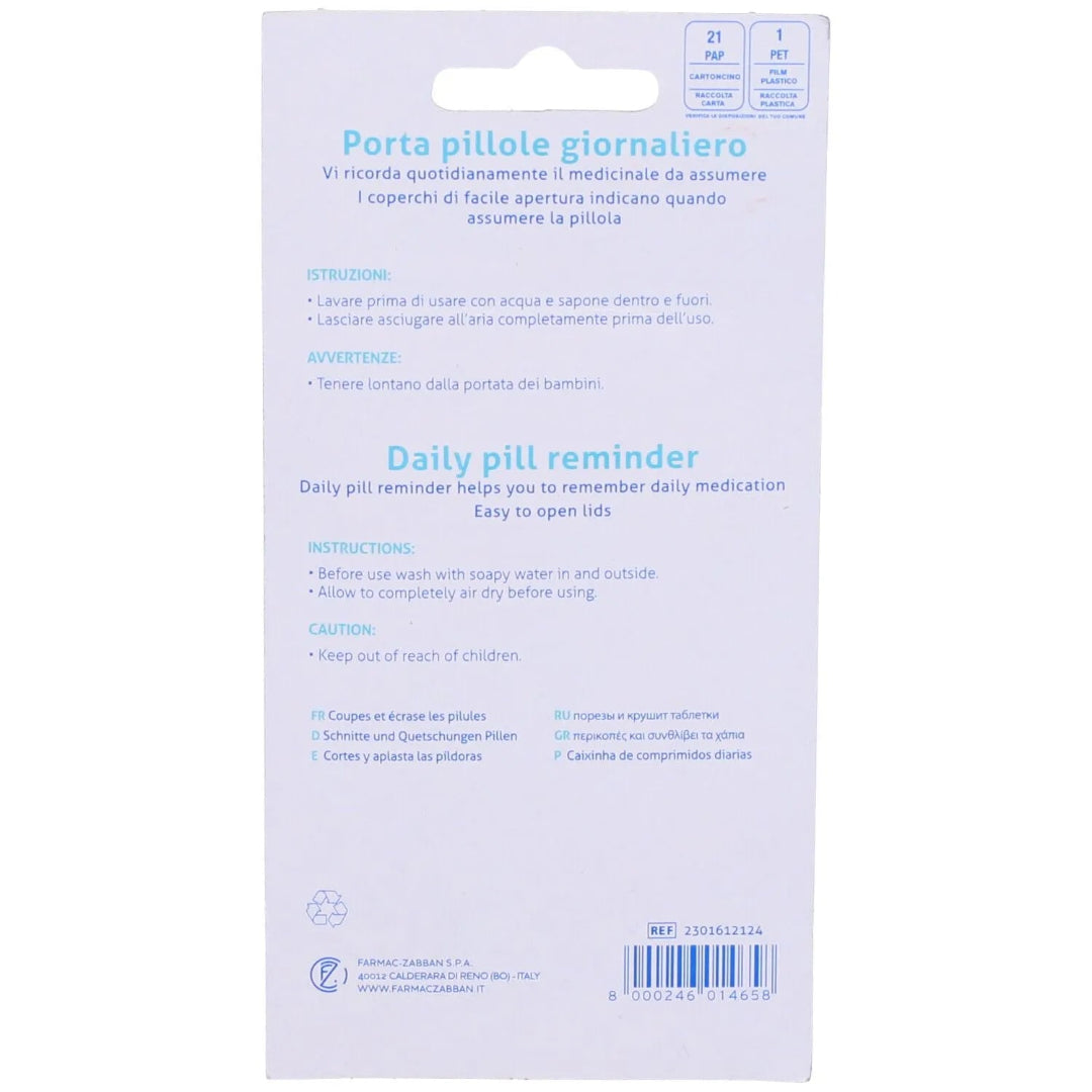 Daily pill reminder container with instructions on a white background