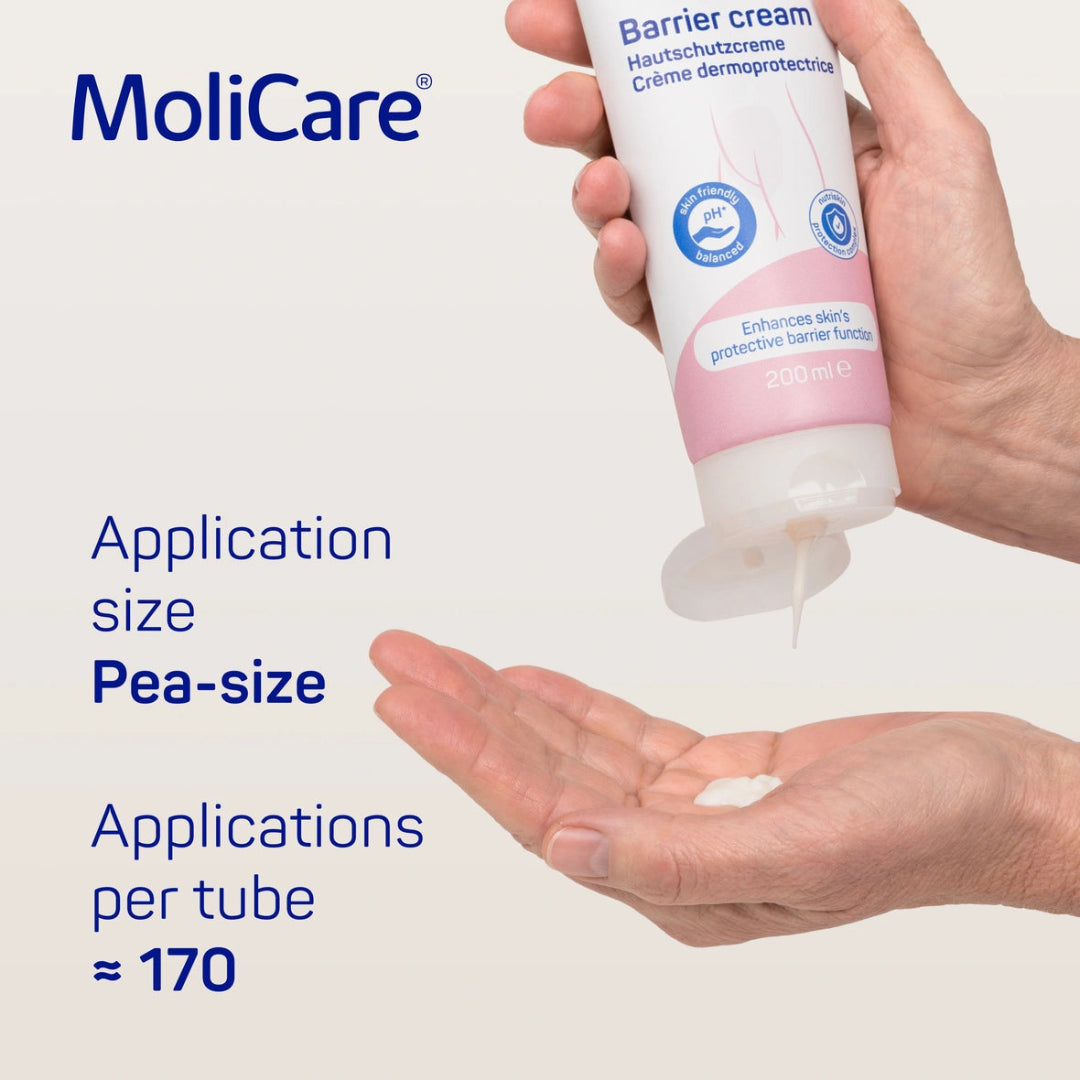 MoliCare barrier cream being dispensed onto a palm with text about application size and quantity.