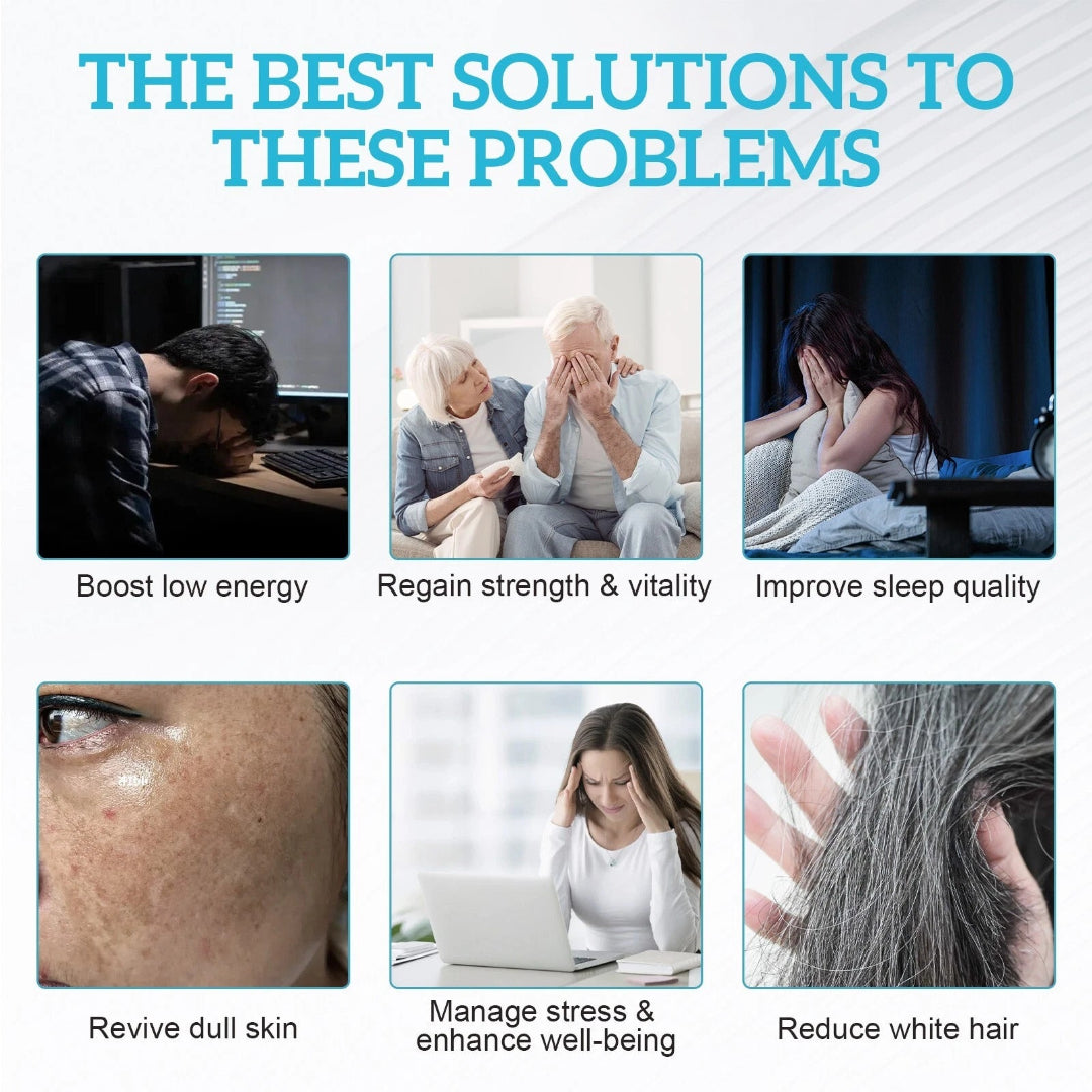 Promotional graphic with images and text about solutions for various health and wellness issues.