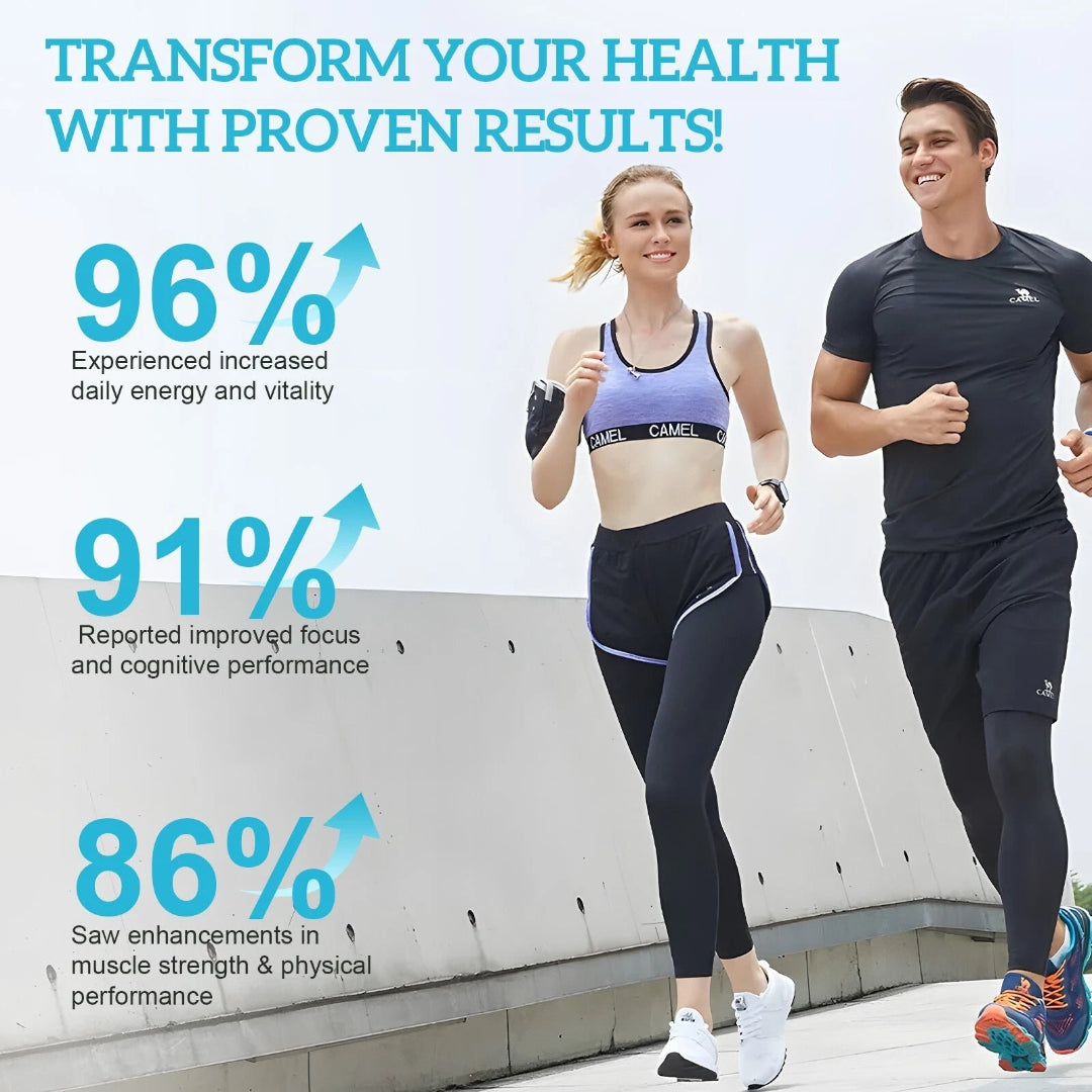 Two people running outdoors with health improvement statistics displayed.