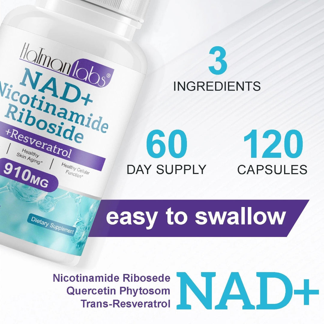 Halman Labs NAD+ supplement bottle with product details on a white background