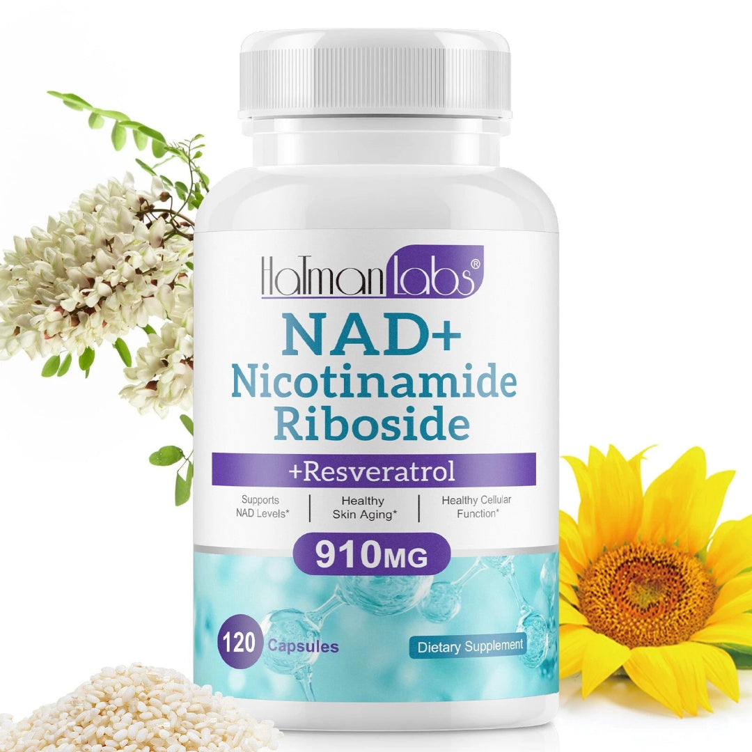 Supplement bottle labeled 'NAD+ Nicotinamide Riboside + Resveratrol' by Holman Labs with flowers in the background.