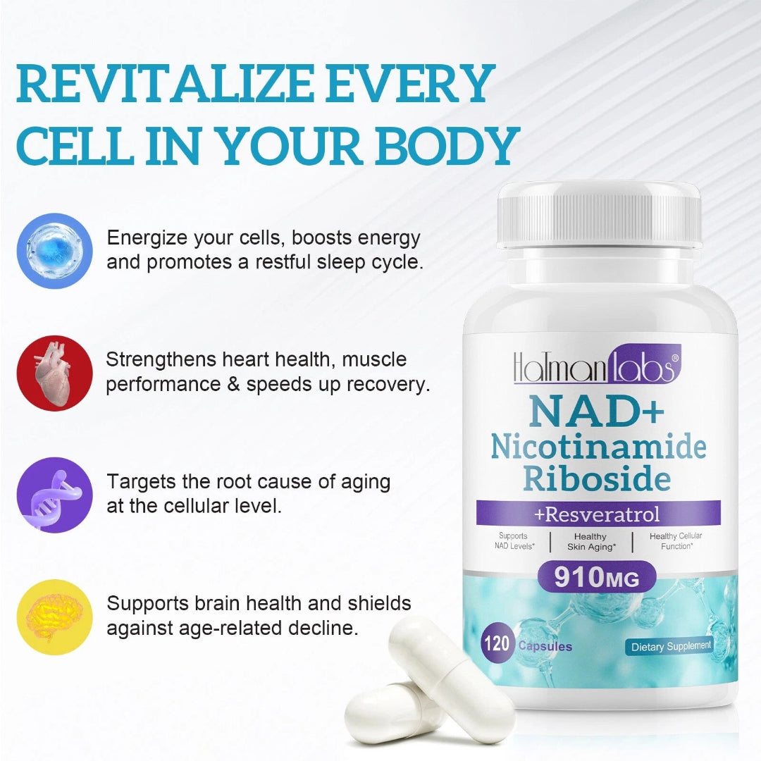 Supplement bottle labeled 'NAD+ Nicotinamide Riboside' with text highlighting benefits on a white background.