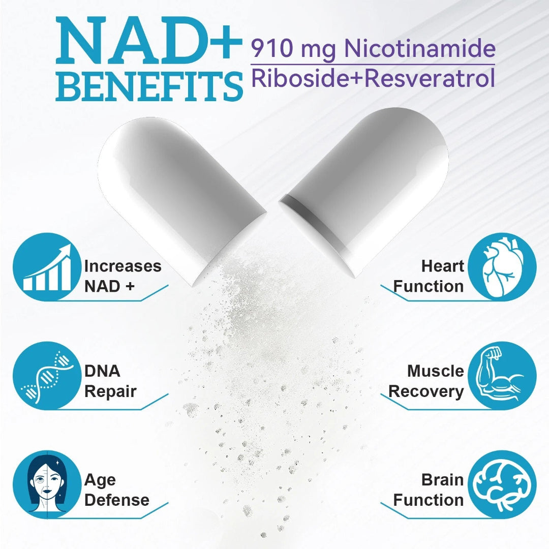 NAD+ supplement capsules with benefits listed on a white background