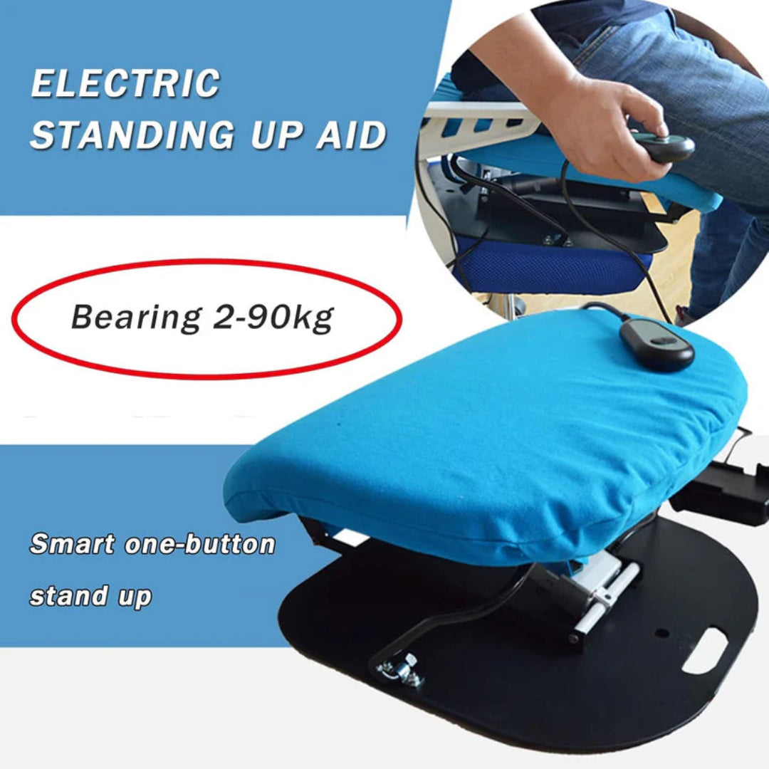 Electric standing up aid with blue cushion and text highlighting weight capacity.