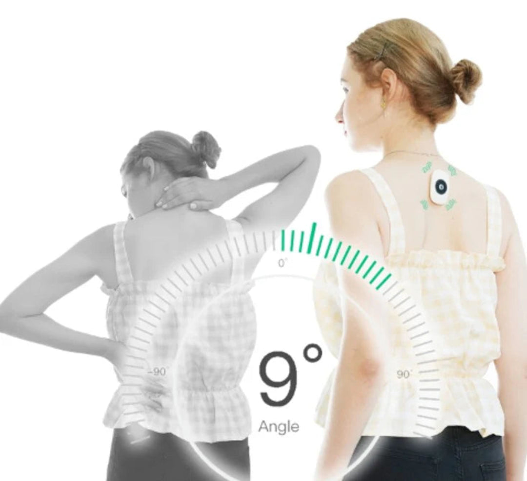 Woman with a device on her back showing a 9-degree angle measurement.