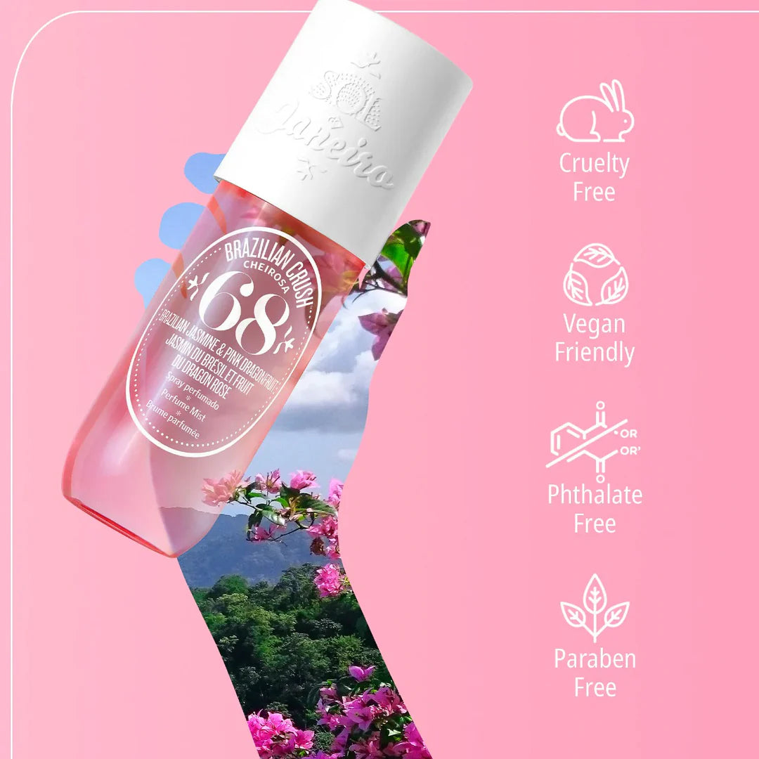 Bottle of Brazilian Gold hair product with greenery and flowers on a pink background