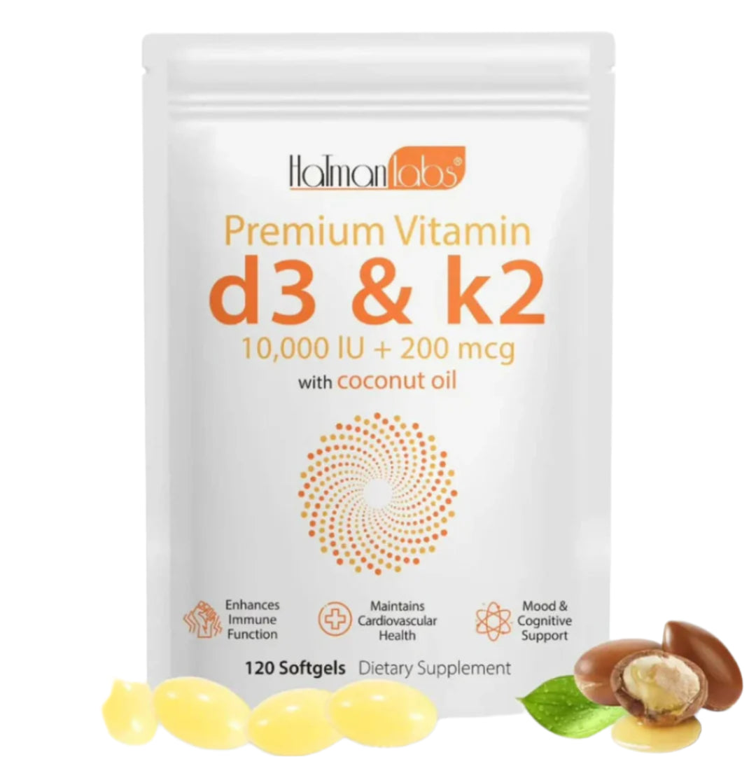 Holman Labs Premium Vitamin D3 & K2 supplement package with vitamins on a white background