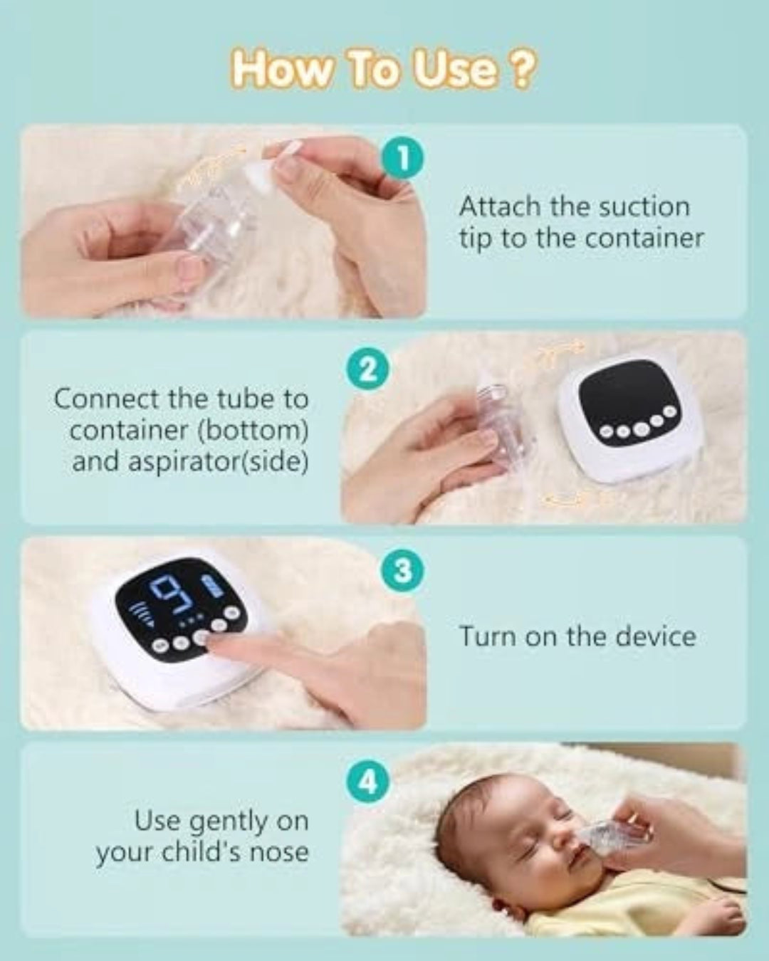 Instructions on how to use a device with a suction tip, tube, and digital display.