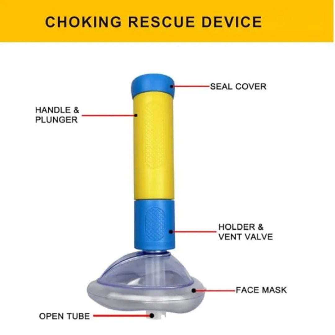 Choking rescue device with labeled parts on a white background