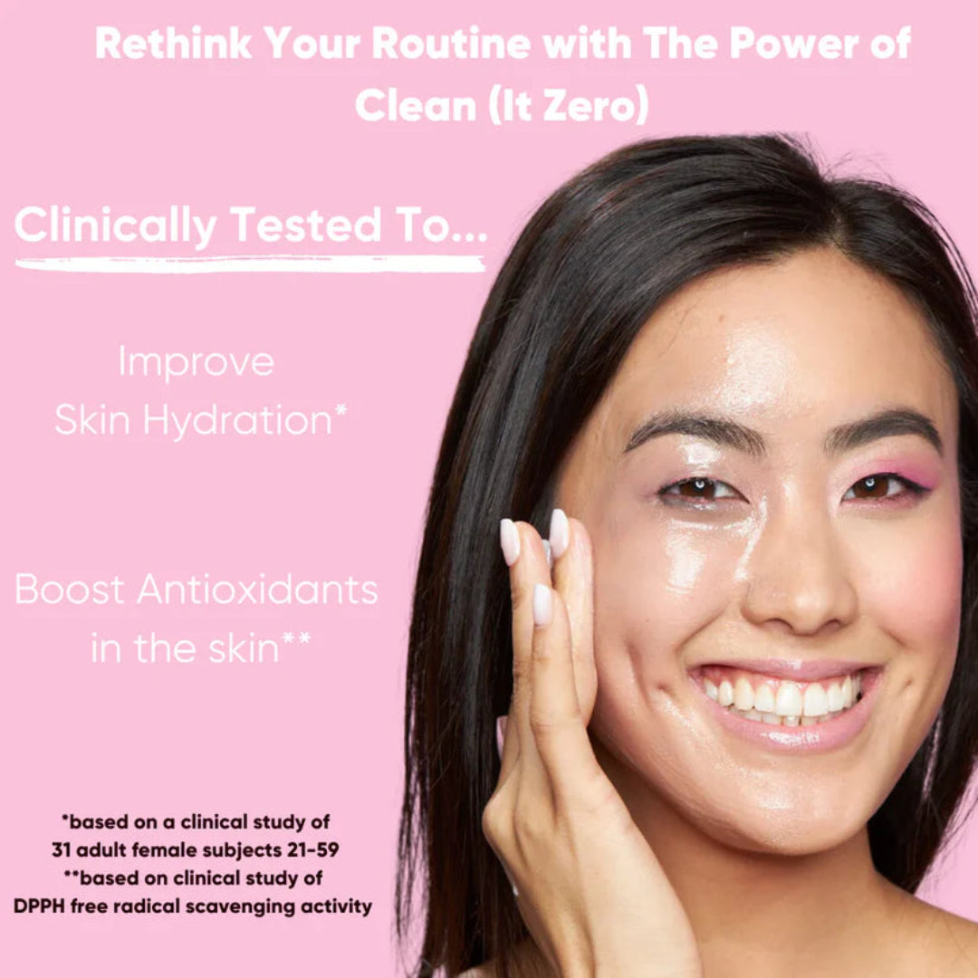 Woman applying skincare product with text about clinical benefits on a pink background