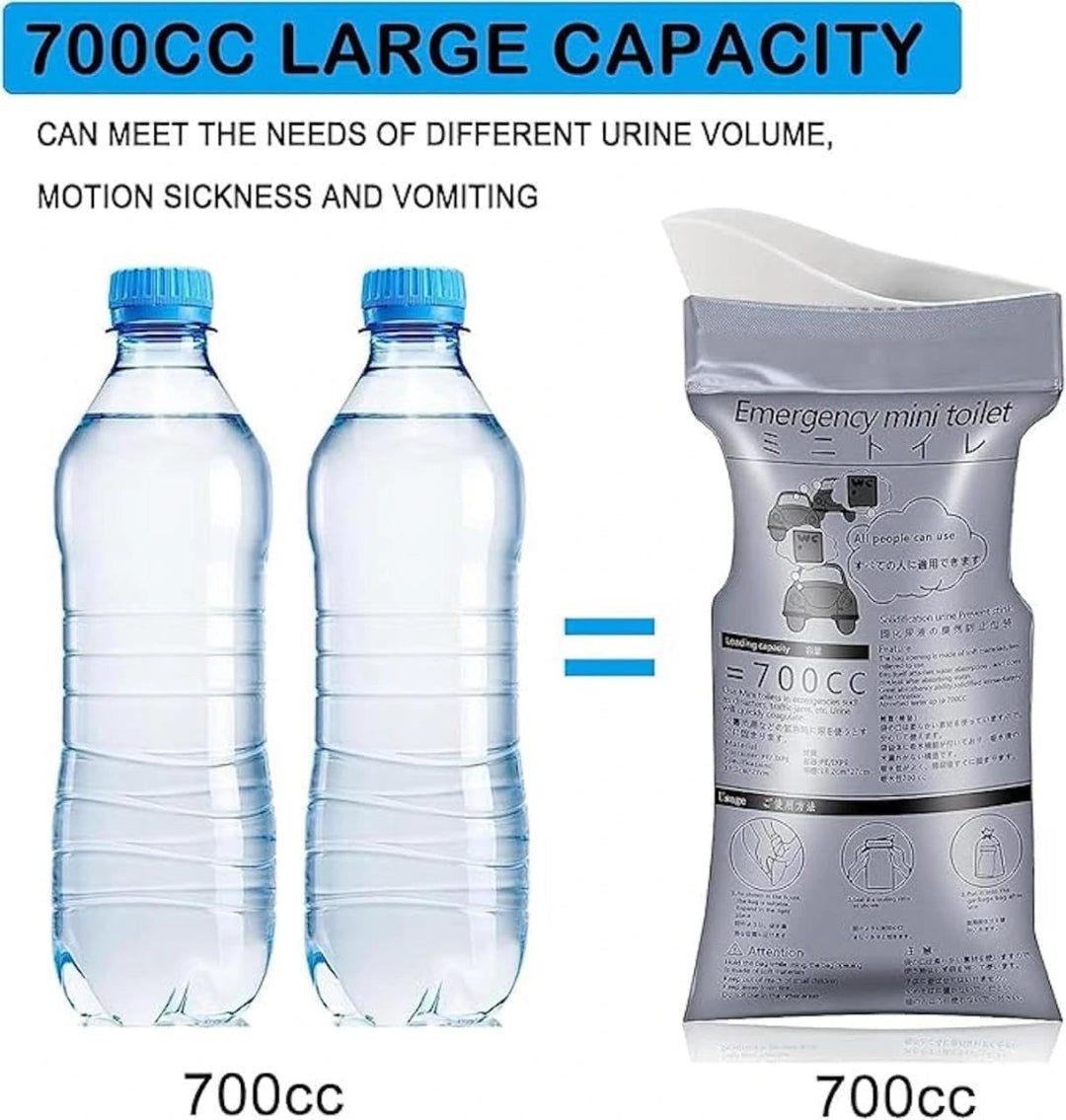 Emergency mini toilet with two 700cc bottles on a white background