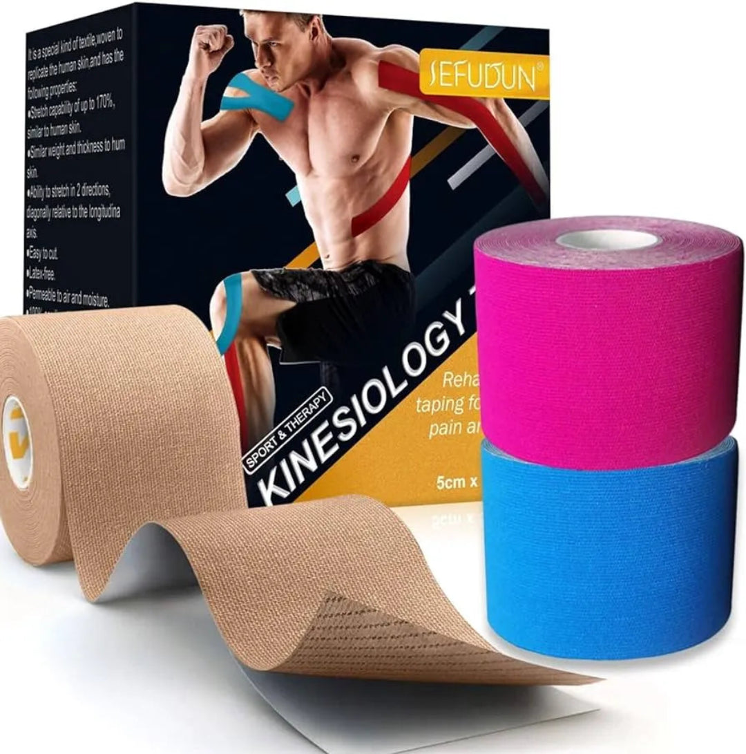 Kinesiology tape with a display box featuring a person using the tape.