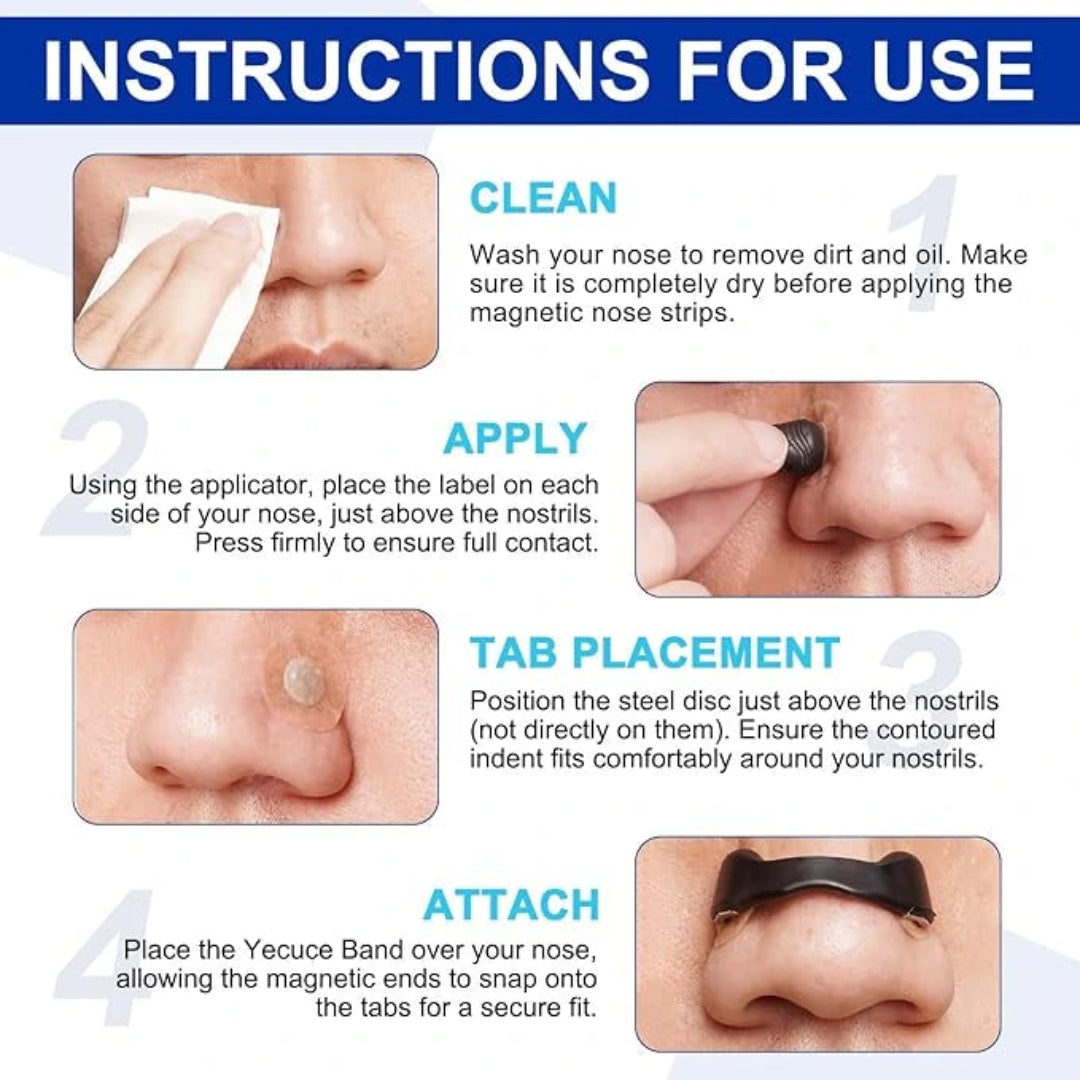 Instructions for using magnetic nose strips with step-by-step images and text.