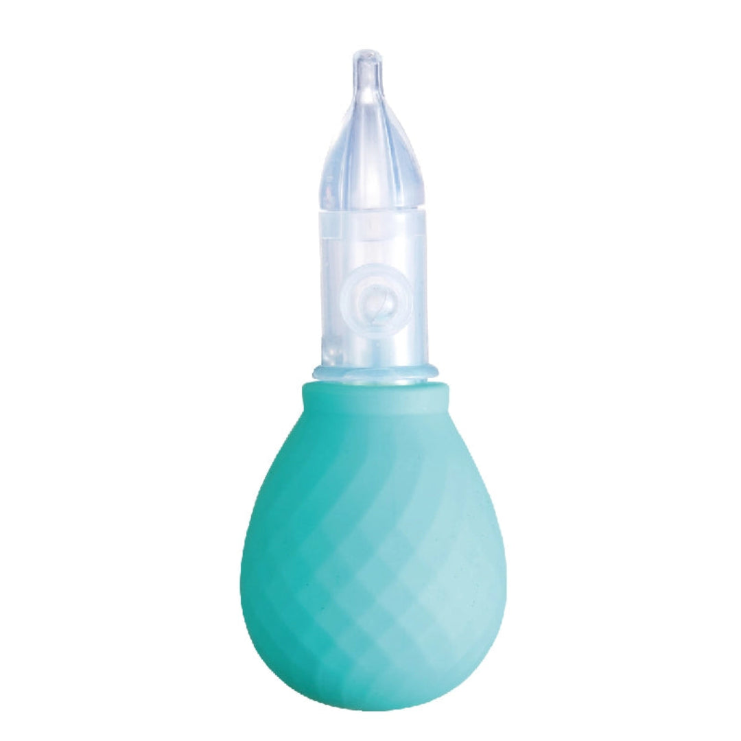 Teal and clear nasal aspirator on a white background