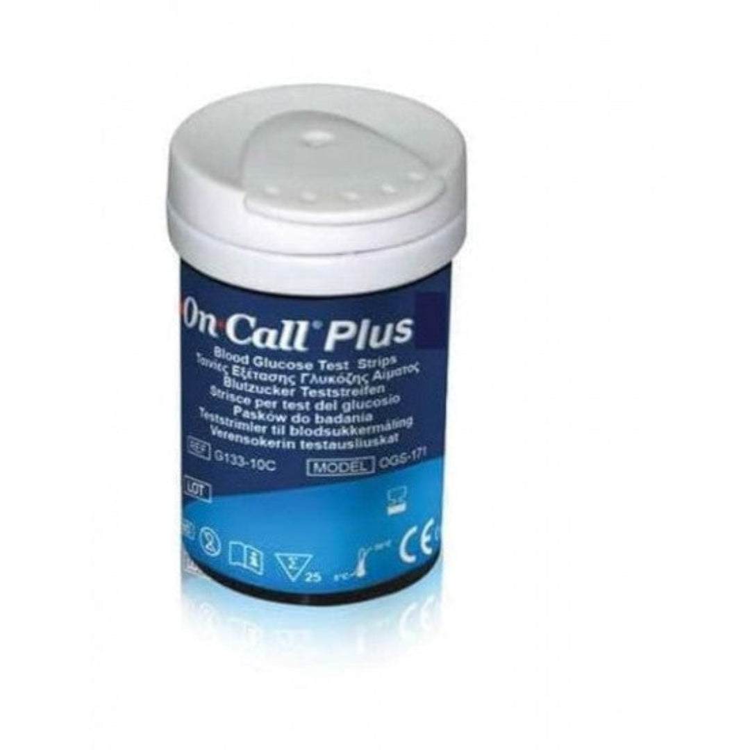 On Call Plus blue container with white lid on a white background