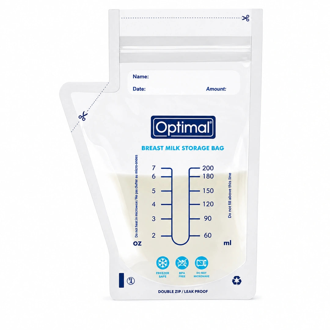 An Optimal brand breast milk storage bag in white, featuring blue measurement markings and printed text, shown on a clean white background.