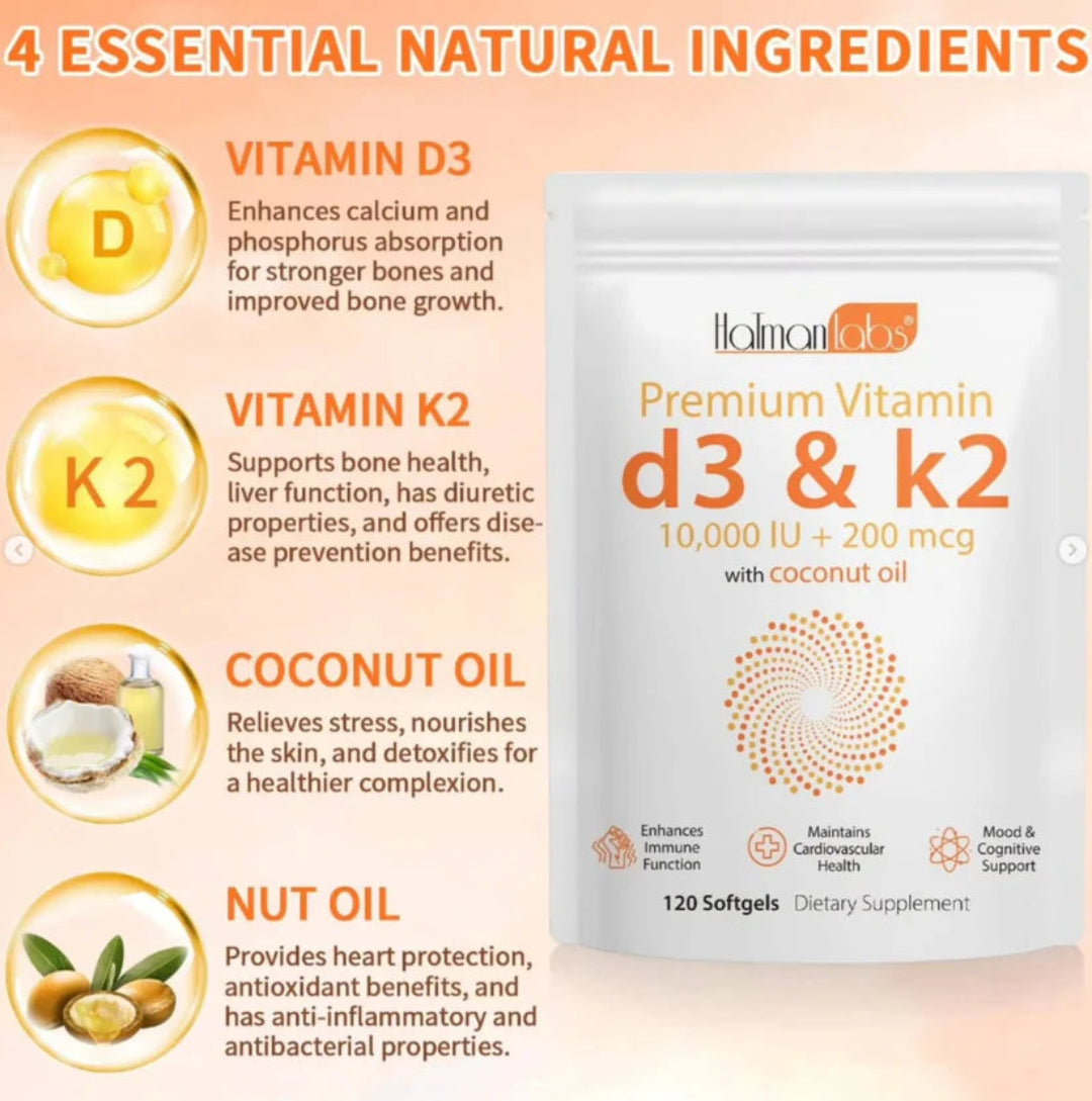 Holman Labs Premium Vitamin D3 & K2 supplement packaging with essential ingredients listed on a peach background.