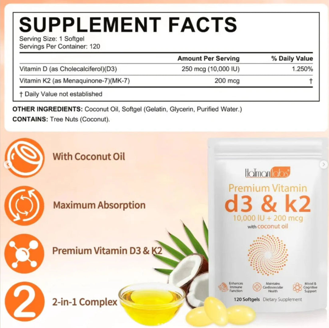 Supplement facts label with Holman Labs Premium Vitamin D3 & K2 packaging and ingredients on a gradient background.