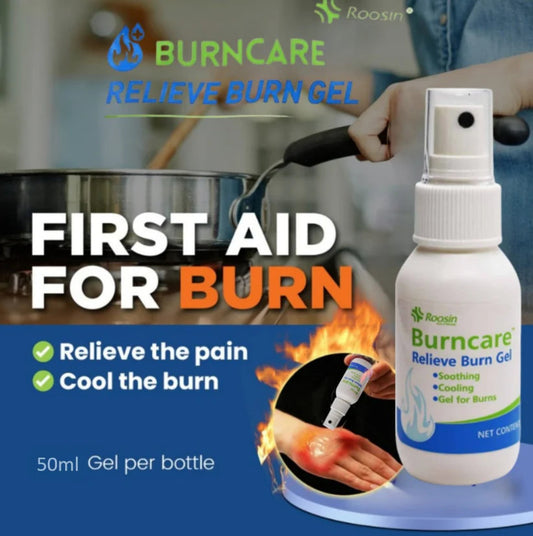 Burncare relieve burn gel advertisement with a bottle and text on a blue background