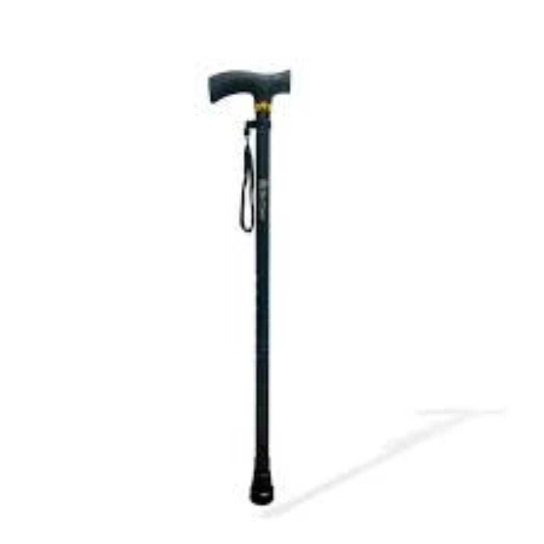Black adjustable walking cane on a white background