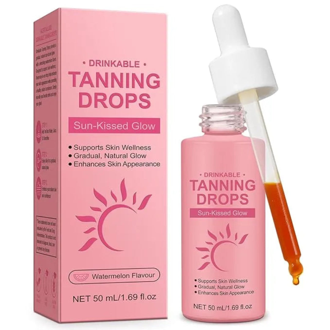 Drinkable tanning drops with packaging on a white background