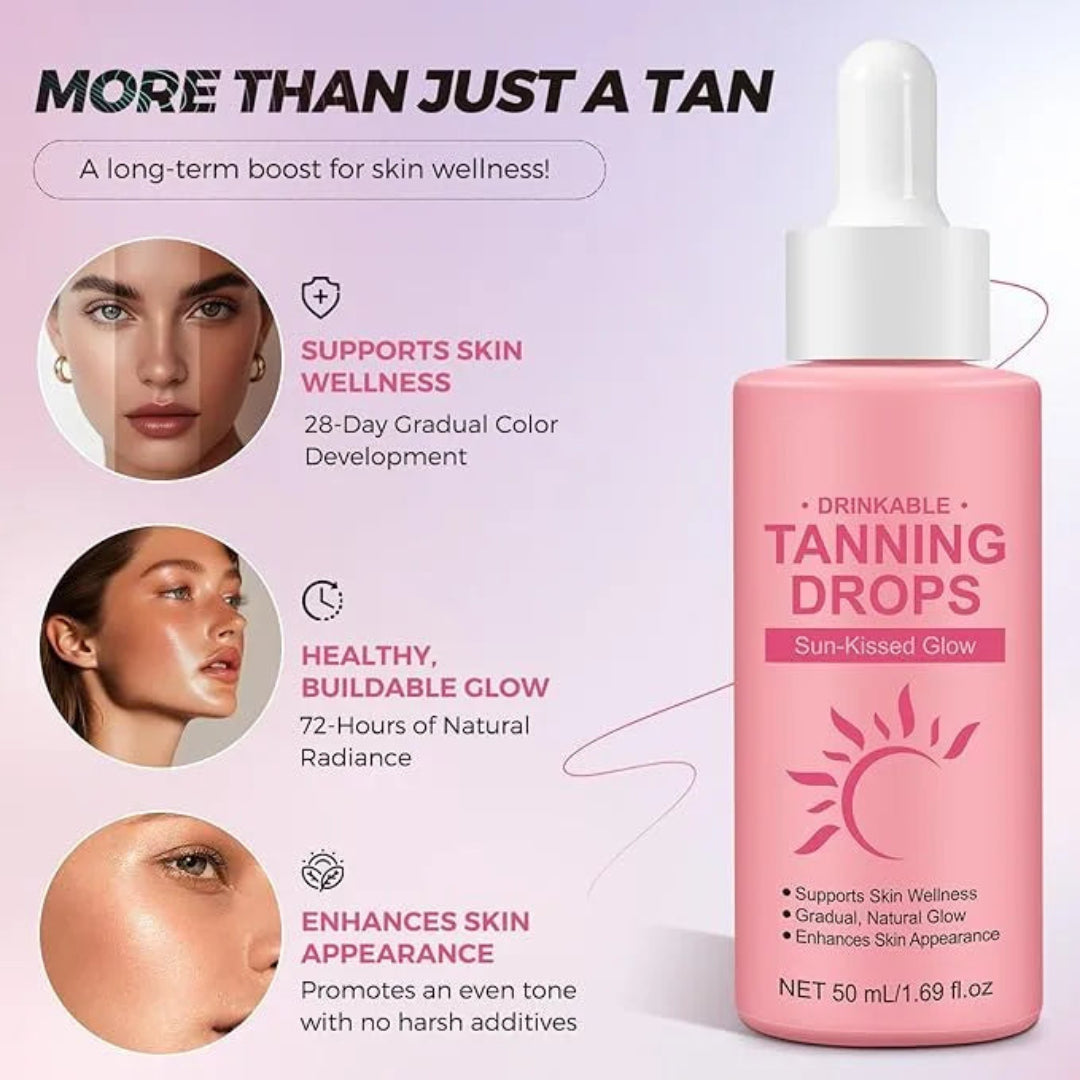 Pink bottle of 'Drinkable Tanning Drops' with text on a light purple background