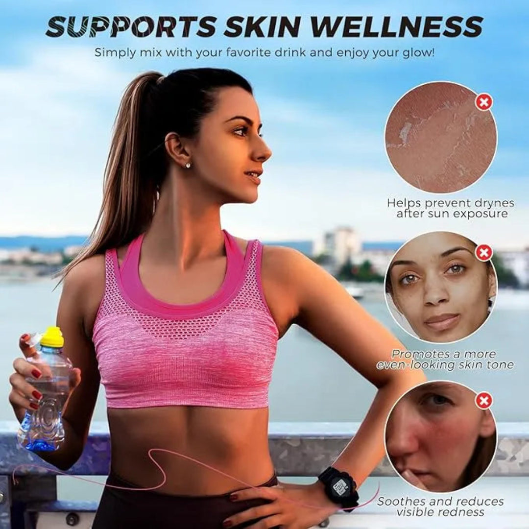 Woman in athletic wear holding a water bottle with text about skin wellness benefits.