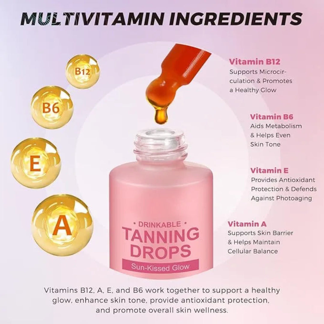 Drinkable tanning drops with multivitamin ingredients and their benefits on a light purple background.