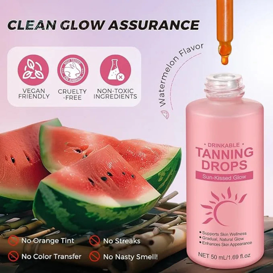 Pink bottle of 'Drinkable Tanning Drops' with watermelon slices and product features on a light purple background