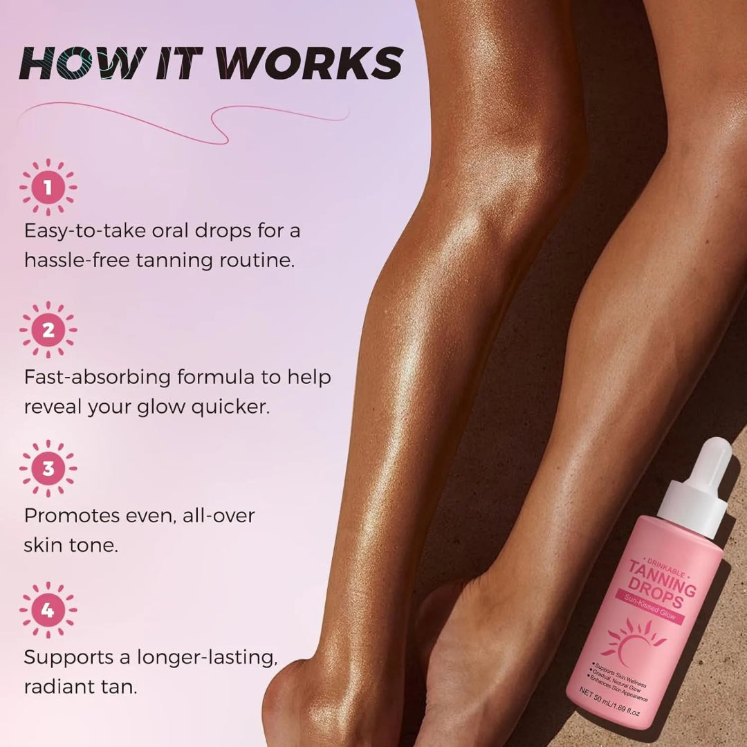 Promotional image of tanning drops with text on how it works, showing tanned legs and a bottle.