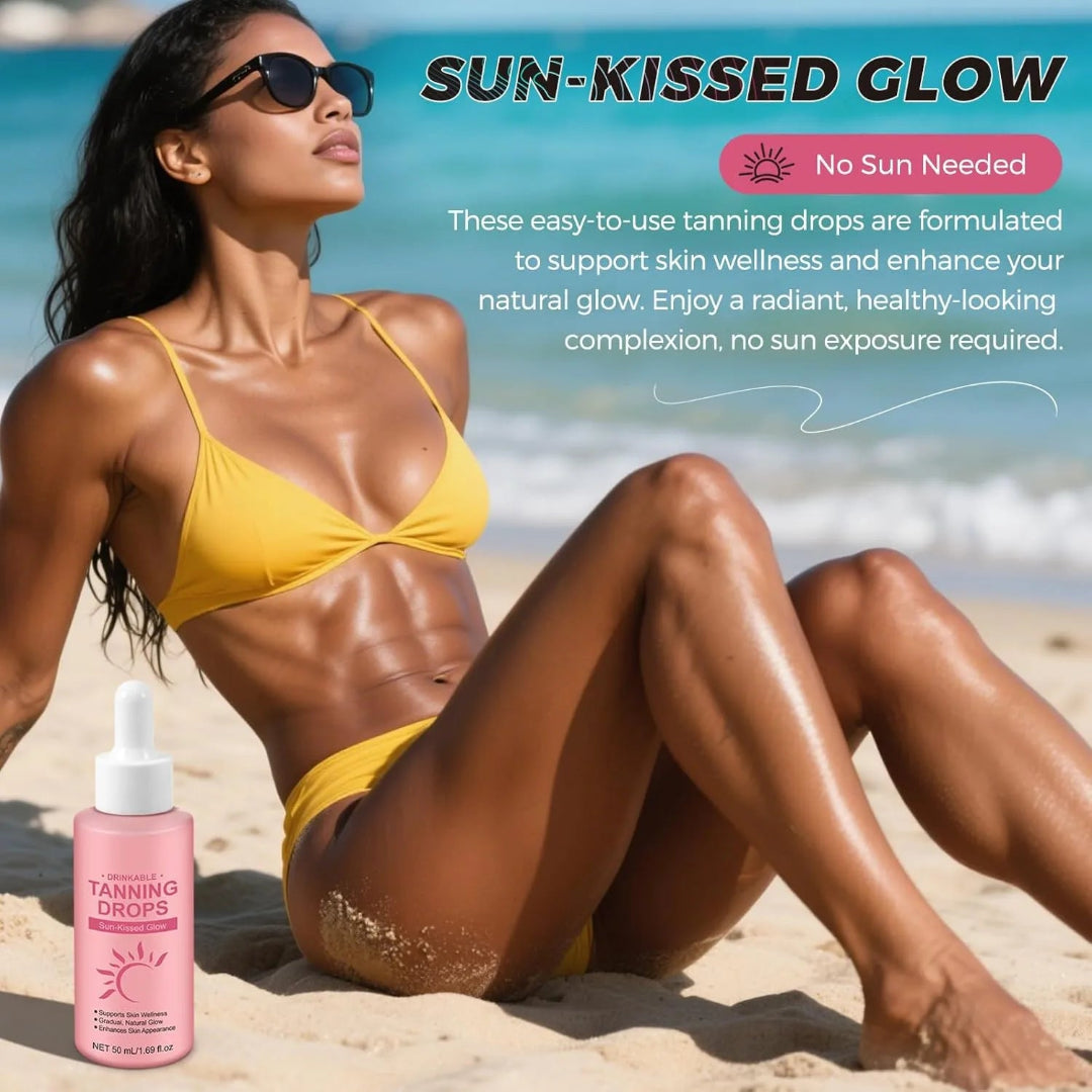 Woman in yellow bikini sitting on a beach with tanning drops product, text about sun-kissed glow.