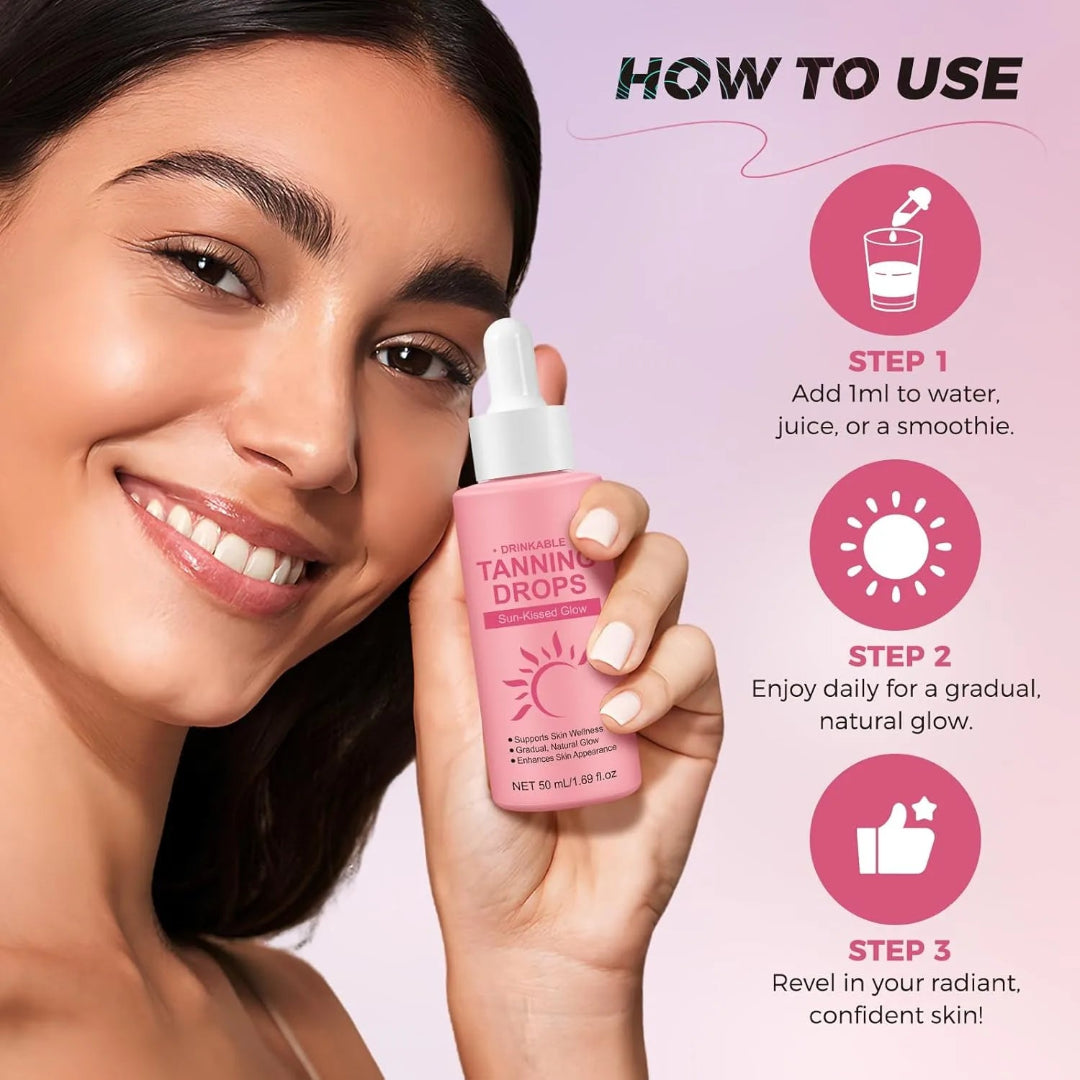 Woman holding a bottle of tanning drops with usage instructions on a pink background