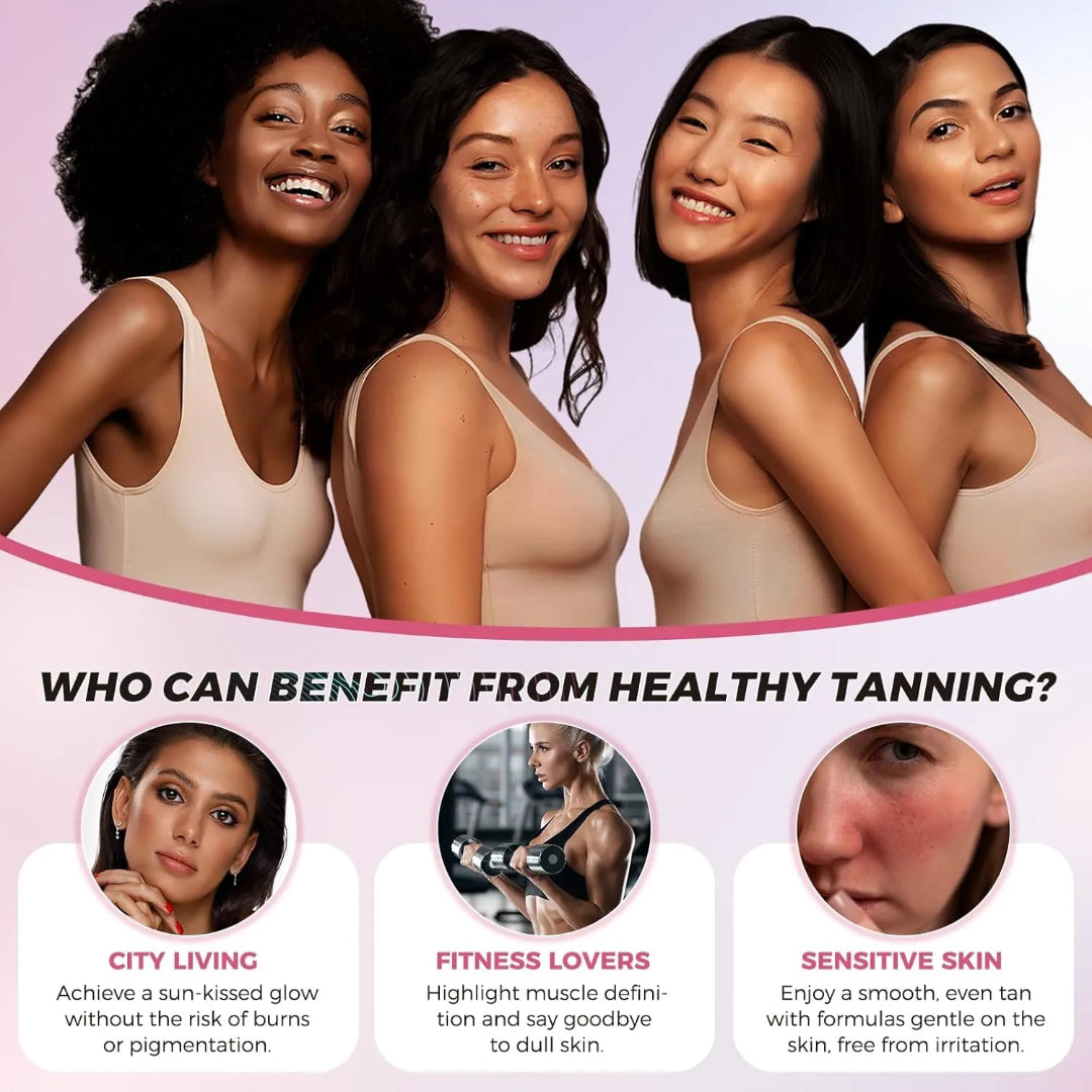 Four women in tank tops with a promotional graphic about healthy tanning benefits on a pink background.