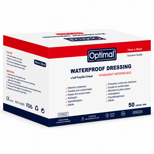 A box of Optimal Waterproof Dressing, 10cm x 20cm, sterile, containing 50 pieces. The packaging is white with red and navy blue sections and features product details and benefits in English and Arabic.