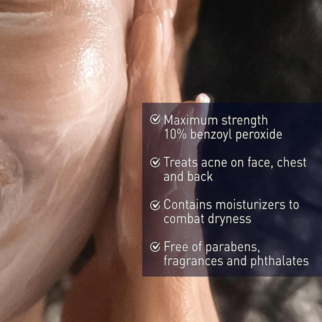 Close-up of skin with text detailing product features on a blurred background