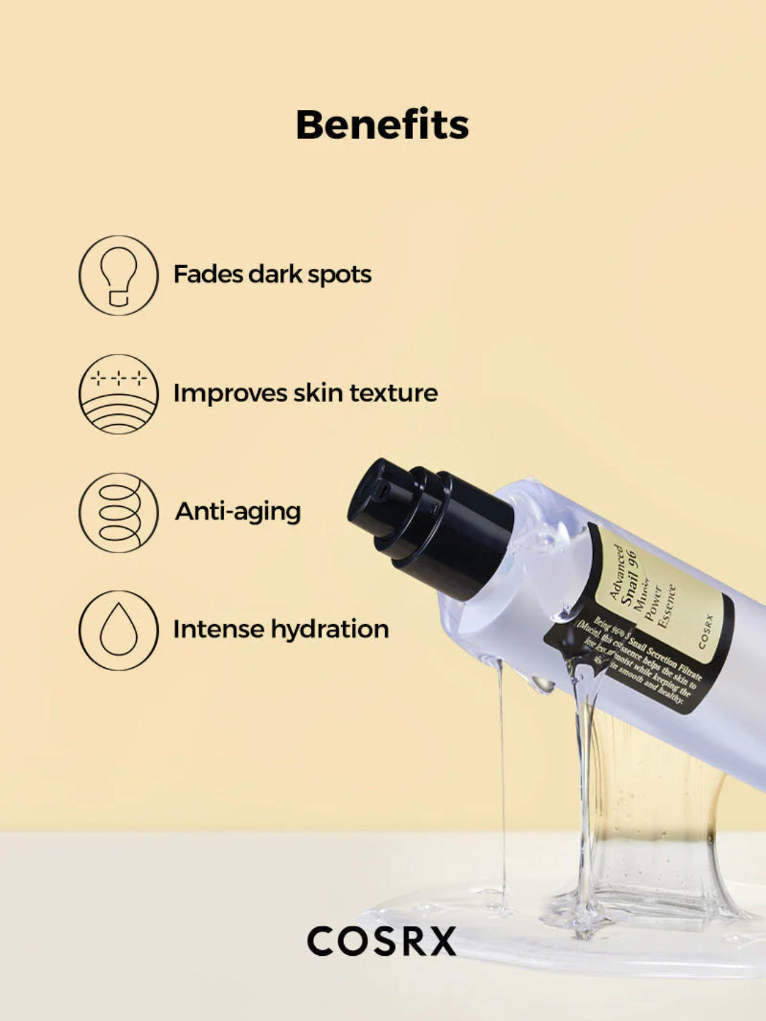 Cosrx skincare product with benefits listed on a beige background