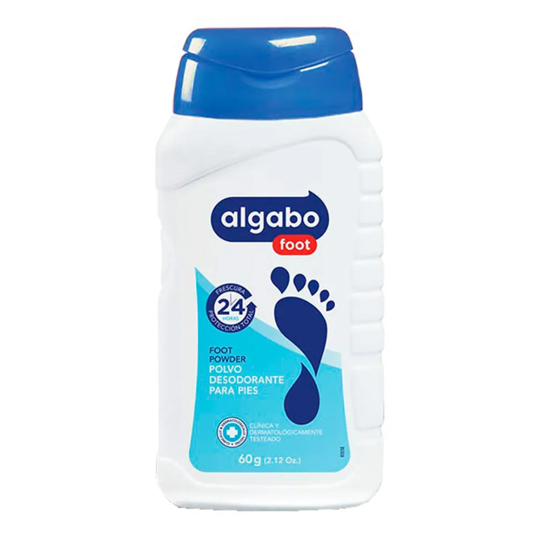 Algabo foot powder bottle with blue and white design on a white background