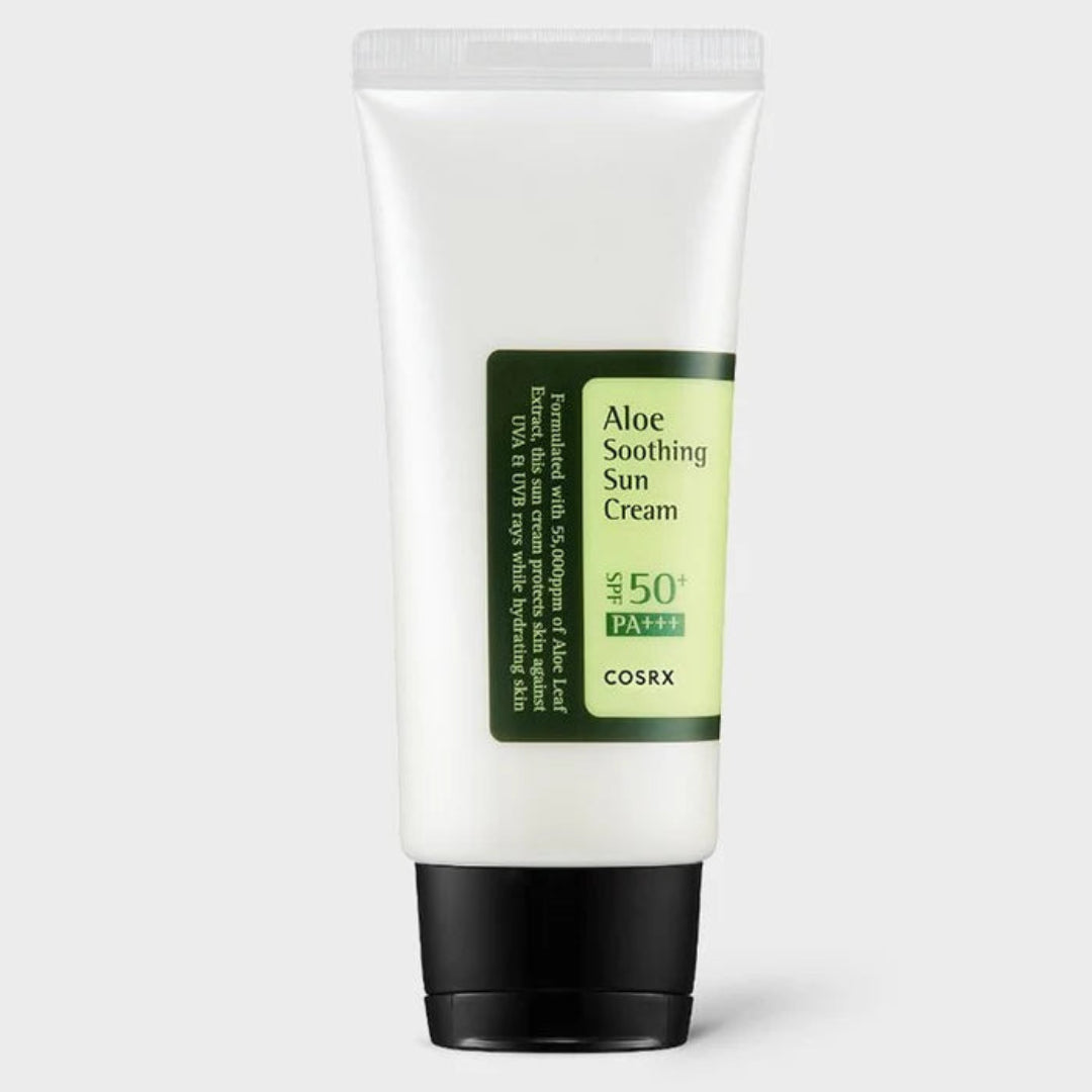 Cosrx Aloe Soothing Sun Cream tube on a light gray background