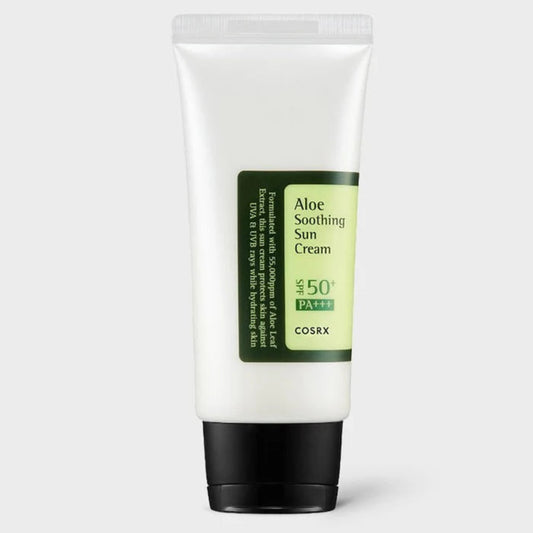 Cosrx Aloe Soothing Sun Cream tube on a light gray background